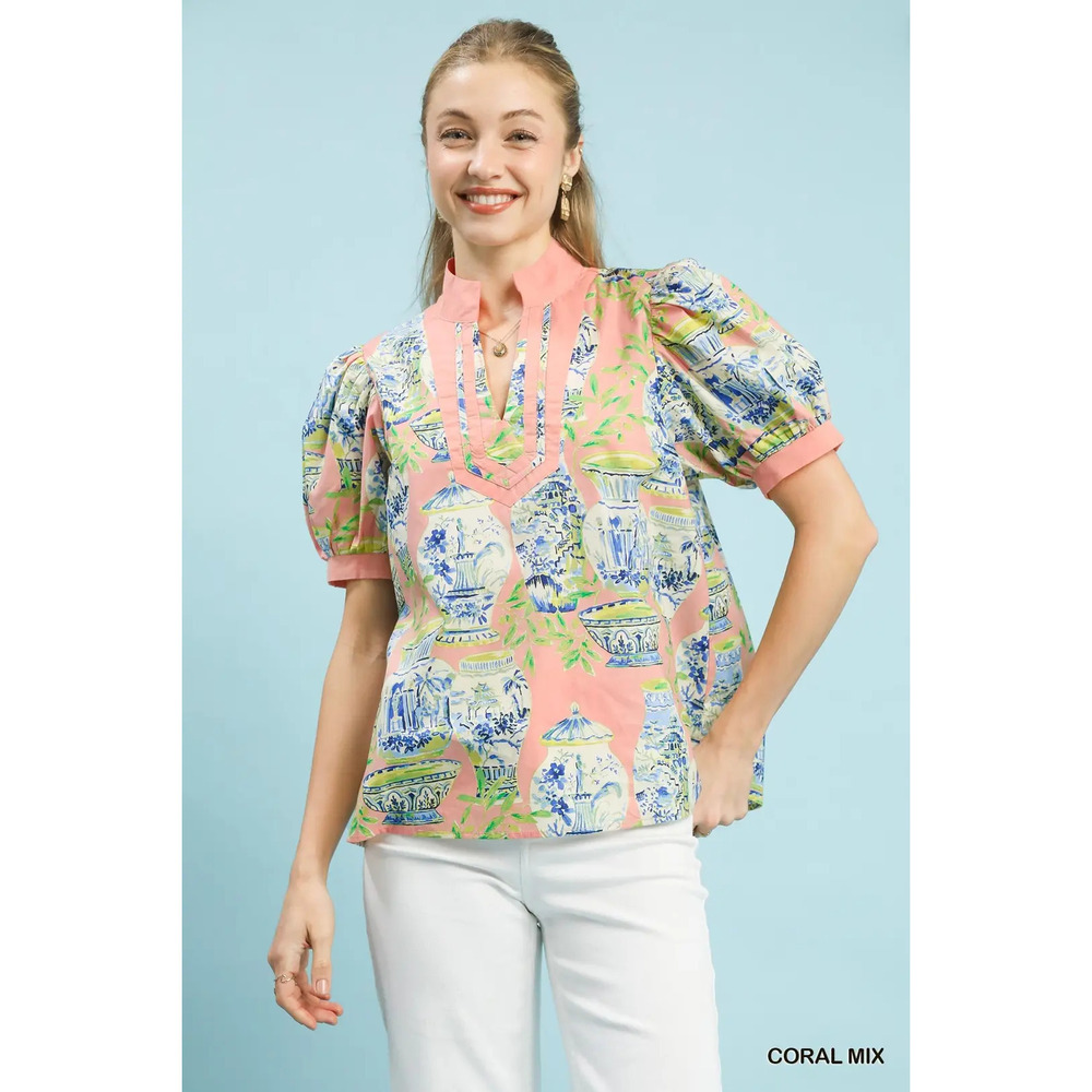 Umgee Abstract Print V-Neck Top - Picture 1 of 5